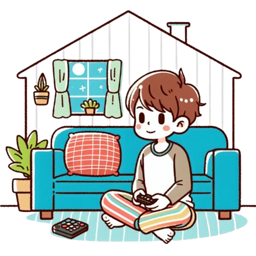 A boy staying at home with a pure white background LINE sticker art style colorful and simple childlike style removebg preview