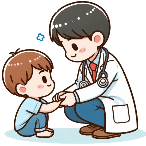A doctor helping a little boy with a pure white background in the style of LINE stickers colorful and simple childlike style removebg preview