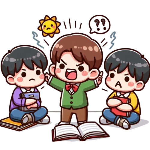 A mischievous boy interrupting his classmates conversation making them very unhappy with a pure white background in the style of LINE stickers colorful and simple childlike style removebg preview