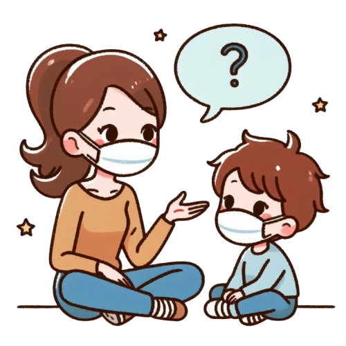 A mother and a boy wearing masks discussing with a pure white background in the style of LINE stickers with colorful and simple childlike style removebg preview
