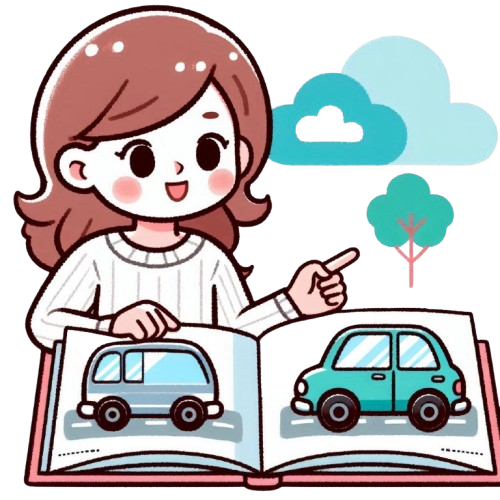 A mother pointing at a car illustration on a book with a pure white background in the style of LINE stickers colorful and simple childlike style 1 removebg preview