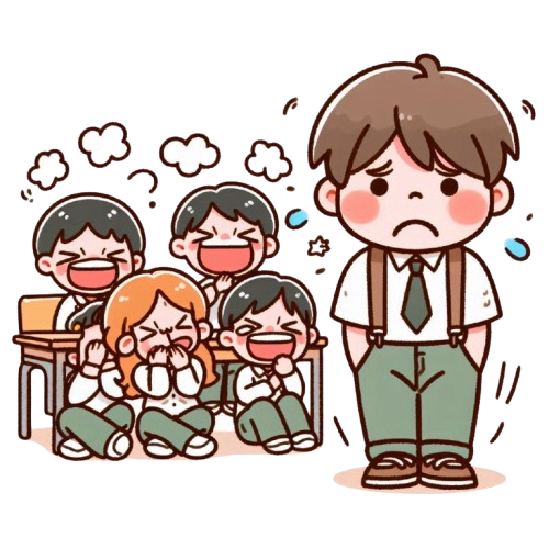 A sad little boy being laughed at by his classmates with a pure white background in the style of LINE stickers colorful and simple childlike style 7 removebg preview
