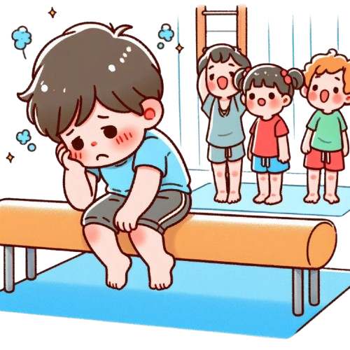 A sad little boy struggling to keep up with his happy classmates in gymnastics with a pure white background in the style of LINE stickers colorful and simple childlike style 5 removebg preview