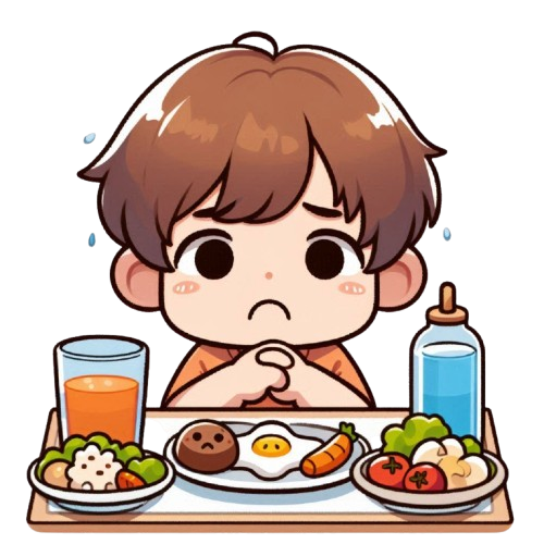 A sad little boy who doesnt like the food on the table with a pure white background LINE sticker art style colorful and simple childlike style 1 removebg preview