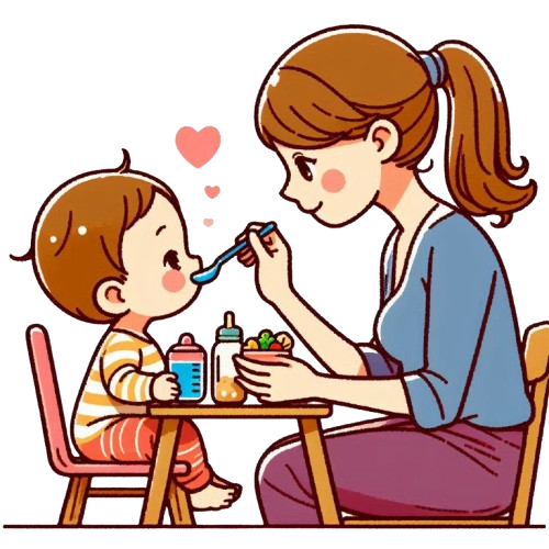 媽媽餵小嬰兒吃午餐 背景為純白色 LINE貼圖畫風 彩色童趣簡約風格 1 removebg preview