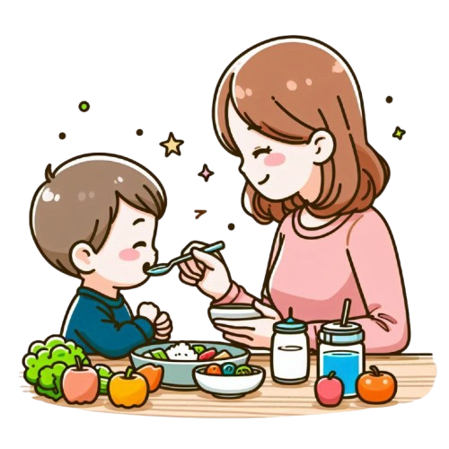 媽媽餵食小男孩吃午餐 背景為純白色 LINE貼圖畫風 彩色童趣簡約風格 3 removebg preview