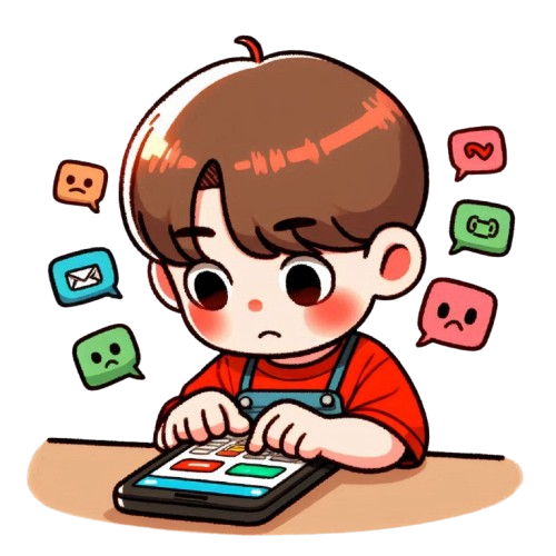 小男孩沒有回覆手機訊息 背景為純白色 LINE貼圖畫風 彩色童趣簡約風格 3 removebg preview