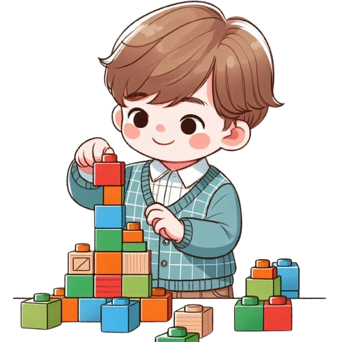 小男孩陳列積木 背景為純白色 LINE貼圖畫風 彩色童趣簡約風格 removebg preview