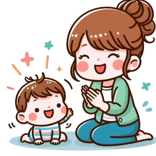 快樂媽媽對小嬰兒拍手鼓勵 背景為純白色 LINE貼圖畫風 彩色童趣簡約風格 2 removebg preview