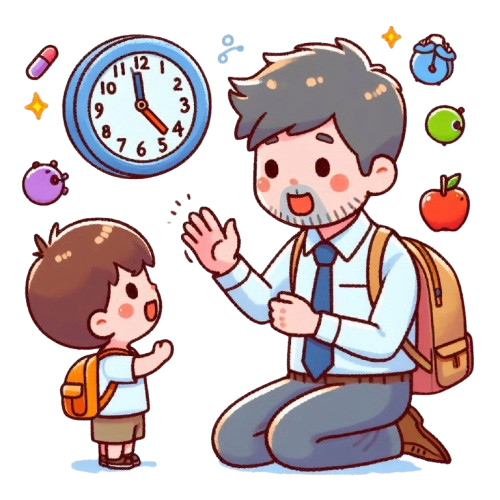 爸爸教導小孩時間觀念 背景為純白色 LINE貼圖畫風 彩色童趣簡約風格 2 removebg preview