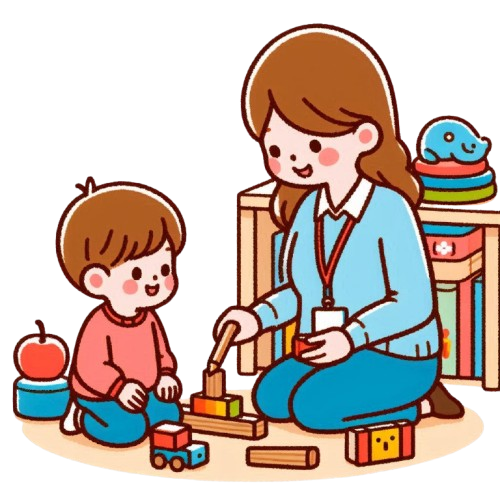 老師陪小男孩玩積木 背景為純白色 LINE貼圖畫風 彩色童趣簡約風格 4 removebg preview