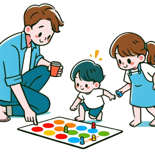親子玩翻牌遊戲 背景為純白色 LINE貼圖畫風 彩色童趣簡約風格 4 removebg preview
