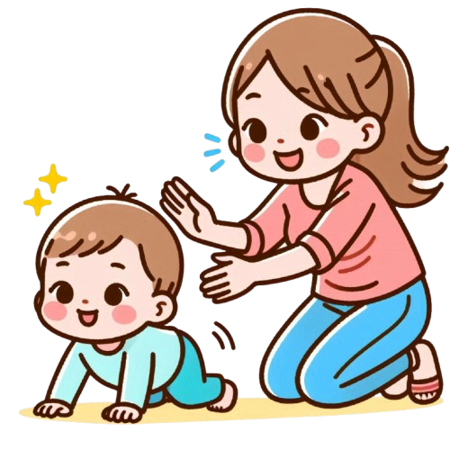 開心的媽媽鼓勵小嬰兒向前爬行 背景為純白色 LINE貼圖畫風 彩色童趣簡約風格 5 removebg preview