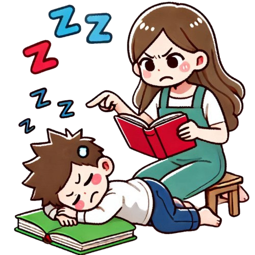 A child reading and falling asleep making the mother angry with a pure white background LINE sticker art style colorful and simple childlike style 2 removebg preview