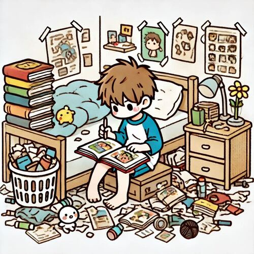 A little boy in a messy room reading manga with a pure white background LINE sticker art style colorful childlike simple style. 6 removebg preview