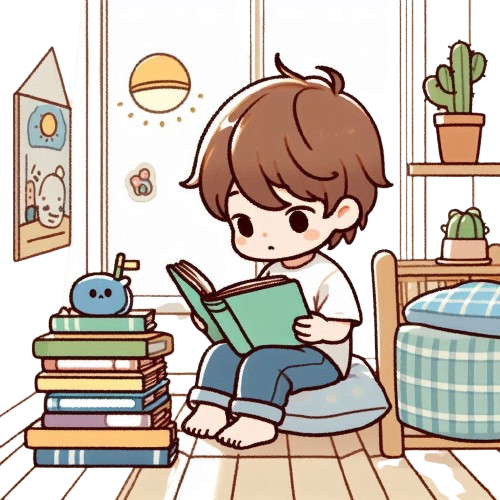 A little boy reading in a white background room LINE sticker art style colorful childlike simple style. removebg preview