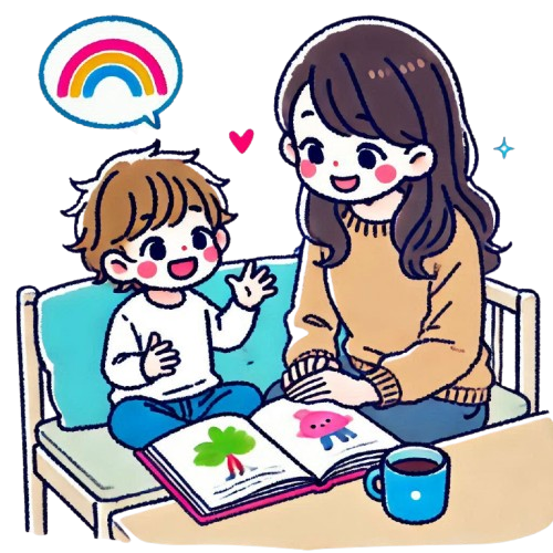 小孩說故事給媽媽 背景為純白色 LINE貼圖畫風 彩色童趣簡約風格 removebg preview