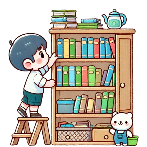 小男孩整理書櫃 背景為純白色 LINE貼圖畫風 彩色童趣簡約風格 1 removebg preview