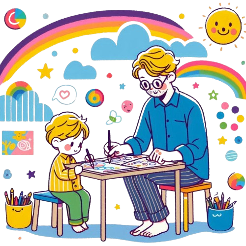 爸爸兒子一起畫畫 背景為純白色 LINE貼圖畫風 彩色童趣簡約風格 removebg preview 1