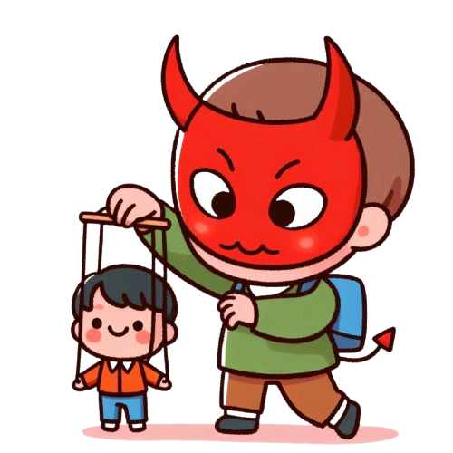 A child wearing a devil mask controlling a puppet boy with a pure white background in the style of LINE stickers colorful and simple childlike style 3 removebg preview